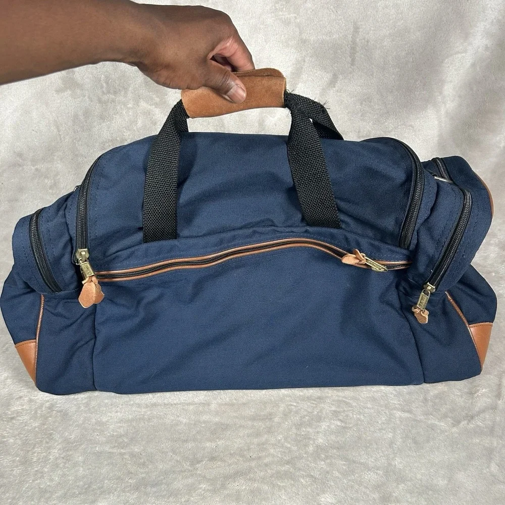 Vtg LL Bean Navy Canvas Leather Duffle Bag Shoulder Strap 22x12x10 43L